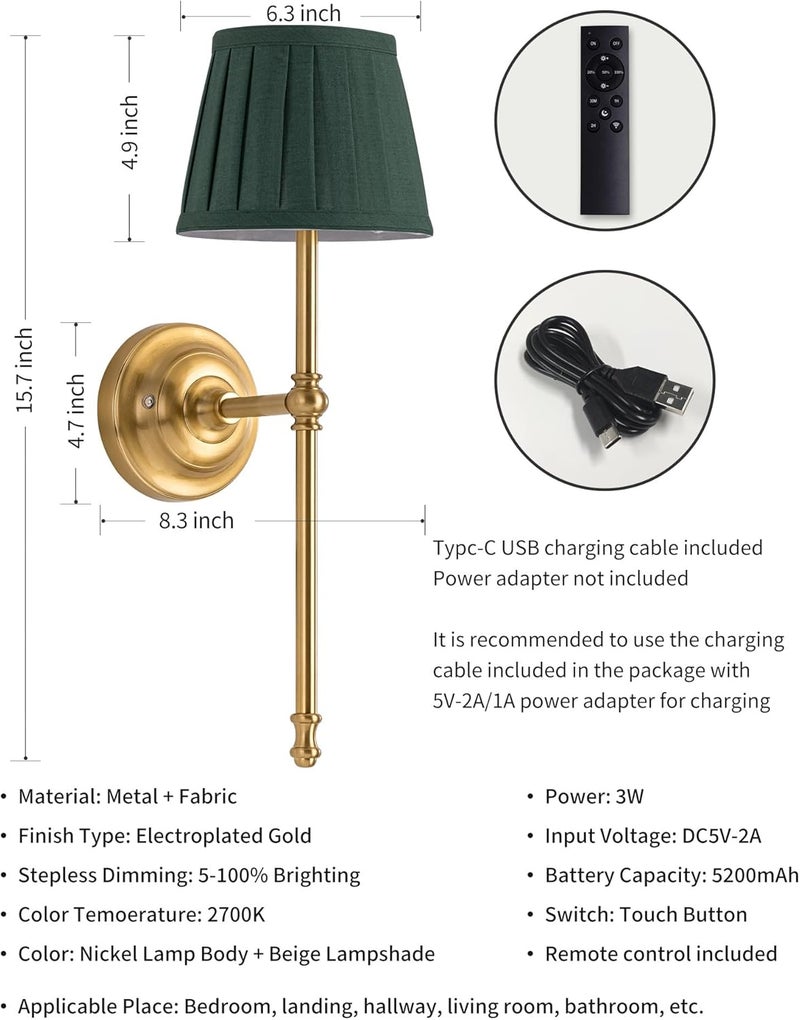 KDG Cordless Wall Sconces Set of 2, Small Wireless 5200mAh Rechargeable Battery Fabric LED Wall Lamps, Portables Lightings for Wall Painting, Living Room, Bedroom, Hallway, Gifts, Night Light (Green) - Image 5